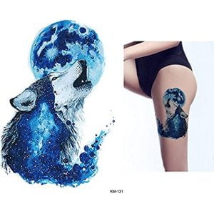 Temporary Tattoo KM-131 Blue Wolf and Moon