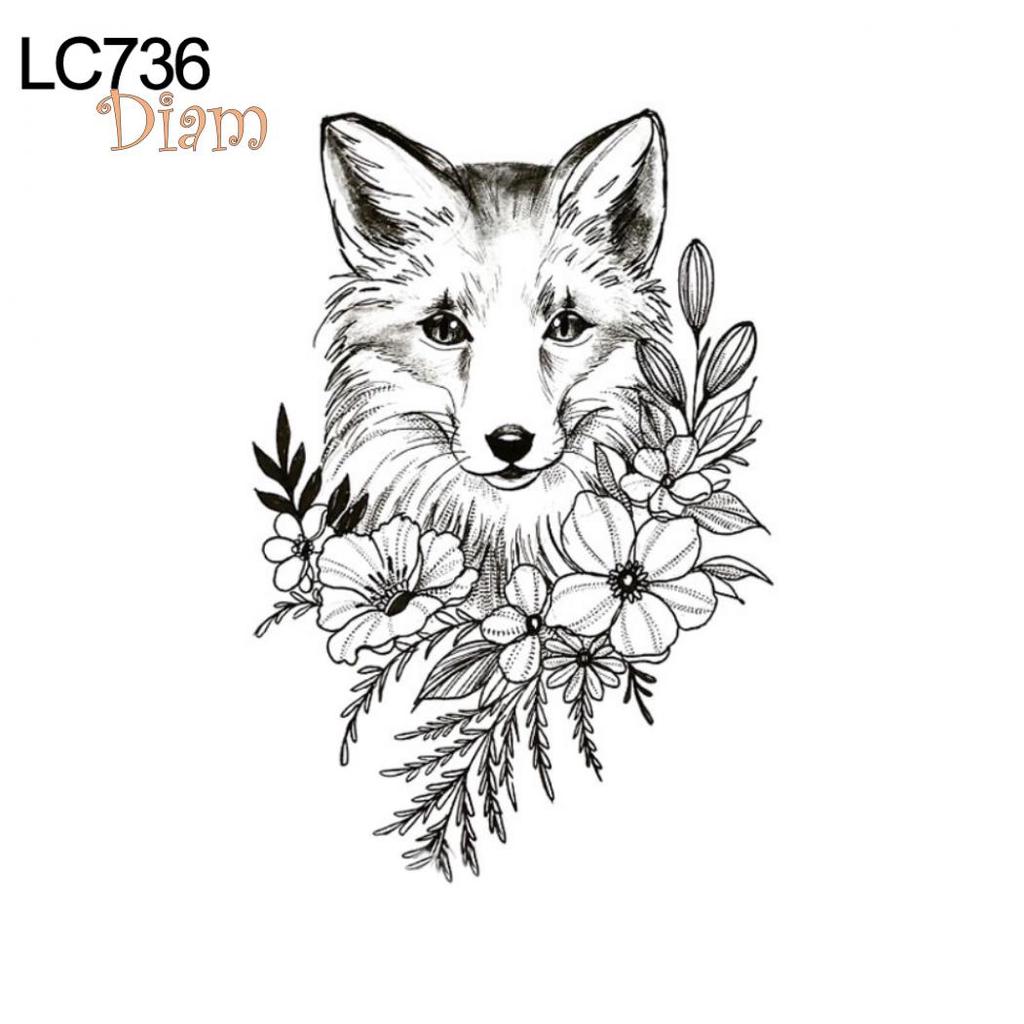 Temporary Tattoo LC-736 Fox and Flowers Illustration