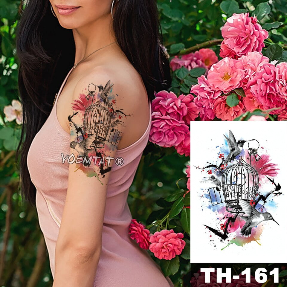 Temporary Tattoo TH-161 Birds in Cage with Watercolour