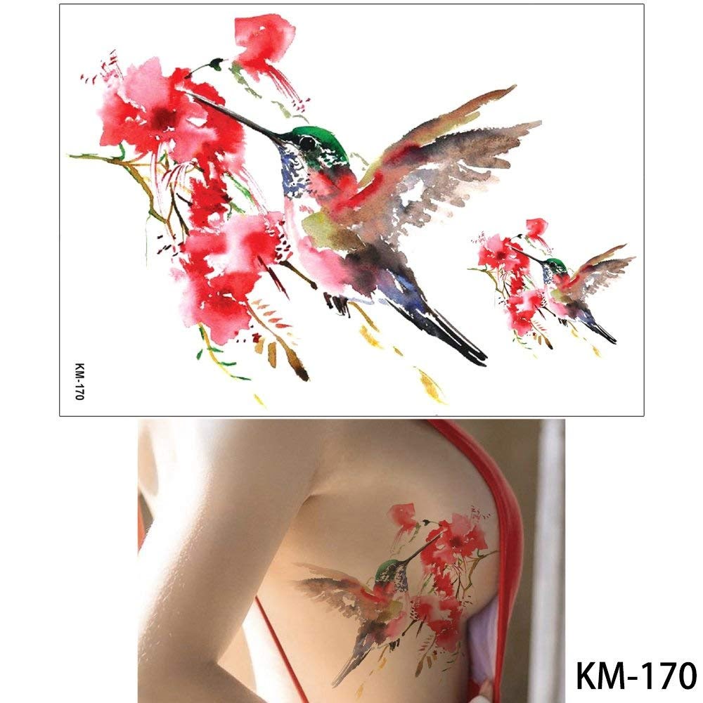 Temporary Tattoo KM-170 Watercolour Hummingbird and Flowers