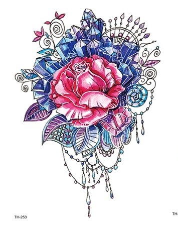 Temporary Tattoo TH-253 Pink and Blue Rose and Gems