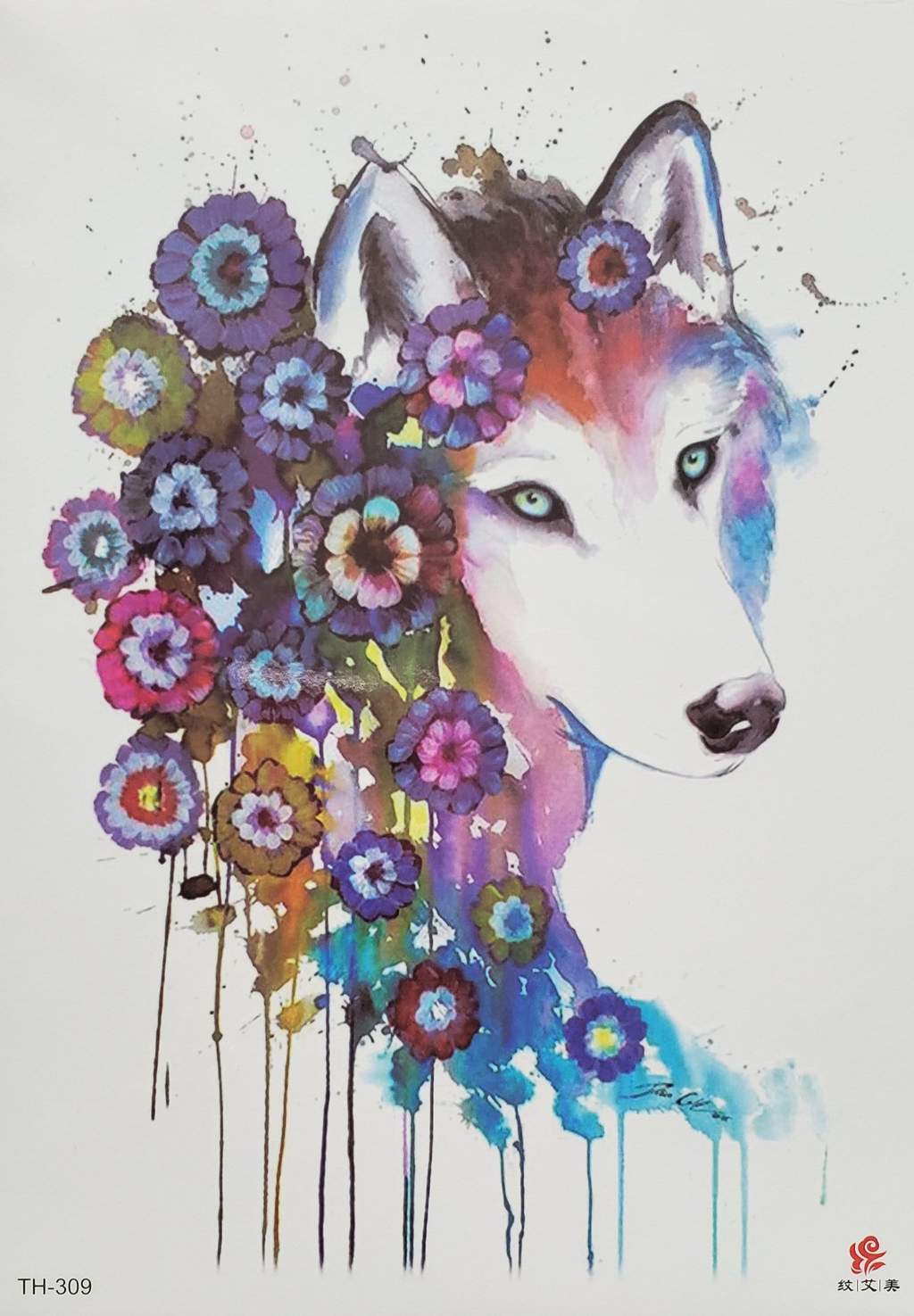 Temporary Tattoo TH-309 Watercolour Wolf with Flowers