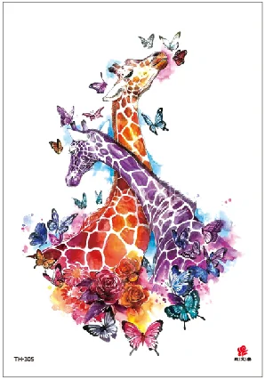 Temporary Tattoo TH-305 Two Giraffes and Butterflies Watercolour