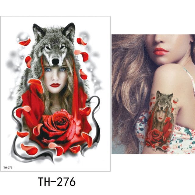 Temporary Tattoo TH-276 Woman and Wolf and Red Rose