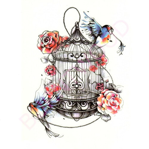 Temporary Tattoo TH-442 Bird Cage with Flowers