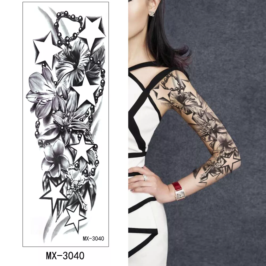 Temporary Tattoo MX-3040 XXL Full Sleeve Stars and Lilies Flowers