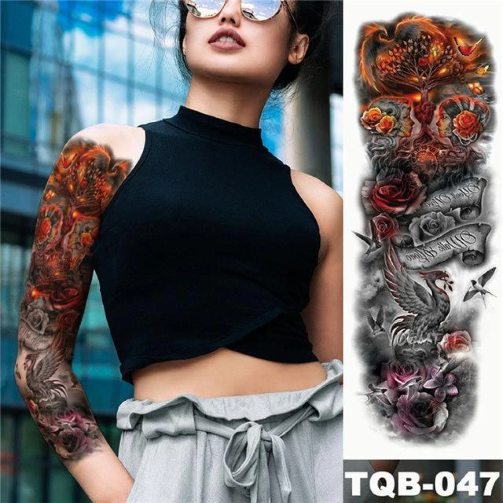 Temporary Tattoo TQB-047 Full Sleeve Phoenix and Fire