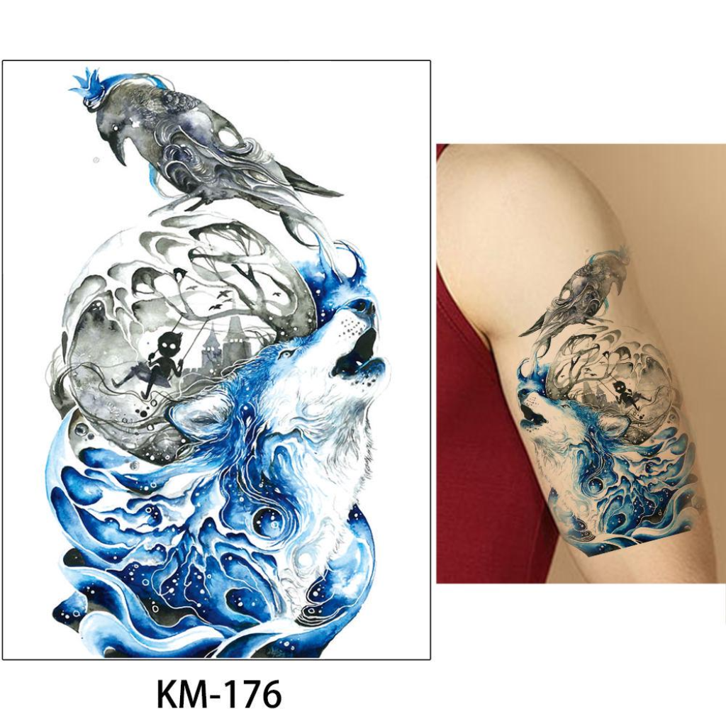 Temporary Tattoo KM-176 Wolf Sea Moon Raven Surreal