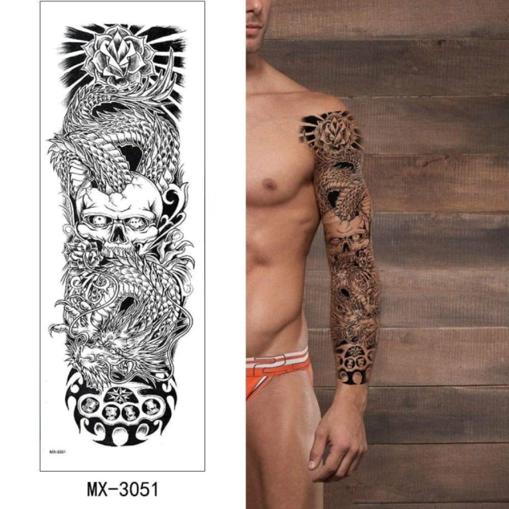 Temporary Tattoo MX-3051 XXL Full Sleeve Skull Dragon