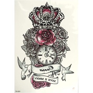 Temporary Tattoo TH-591 Crowned Roses Clock Banner