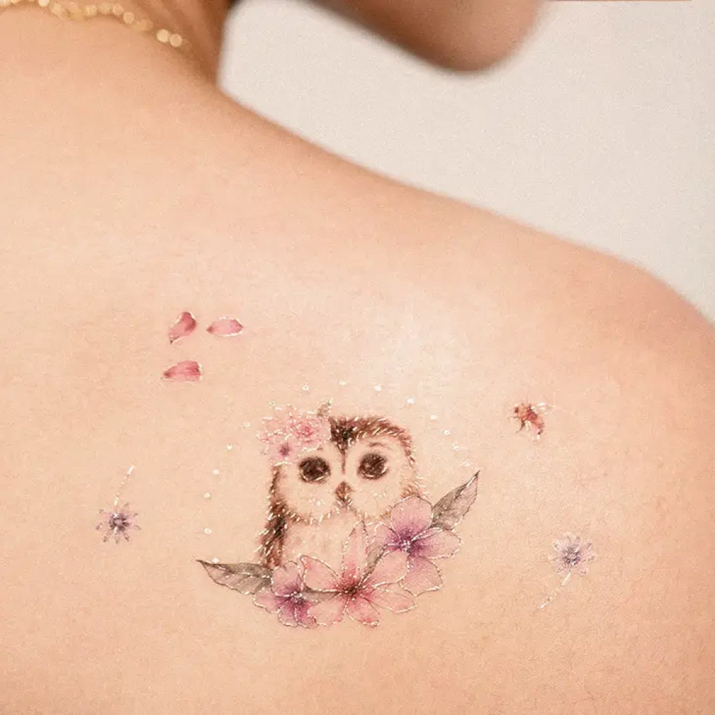 Temporary Tattoo - Sweet owl with flowers