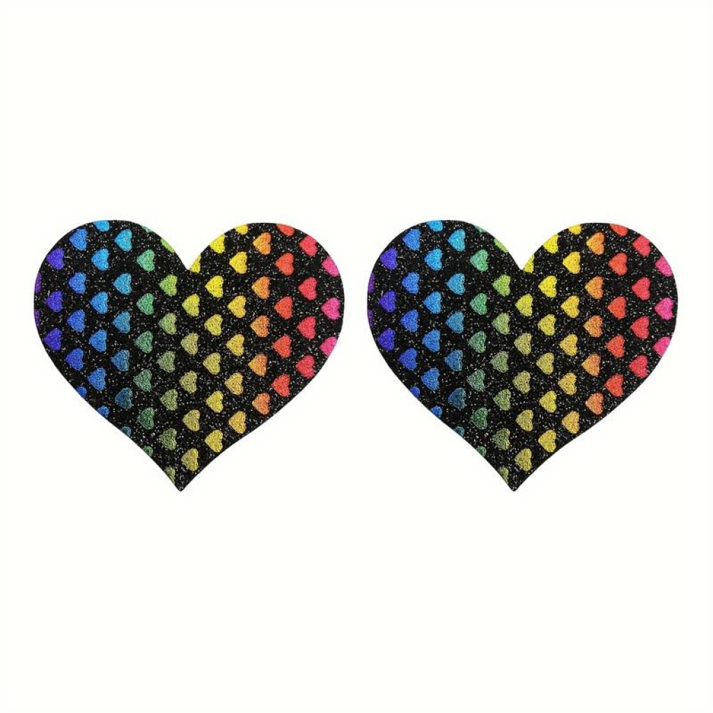 Pasties (Nipple Covers) 1 Pair of Heart Shapes with Rainbow Heart Pattern