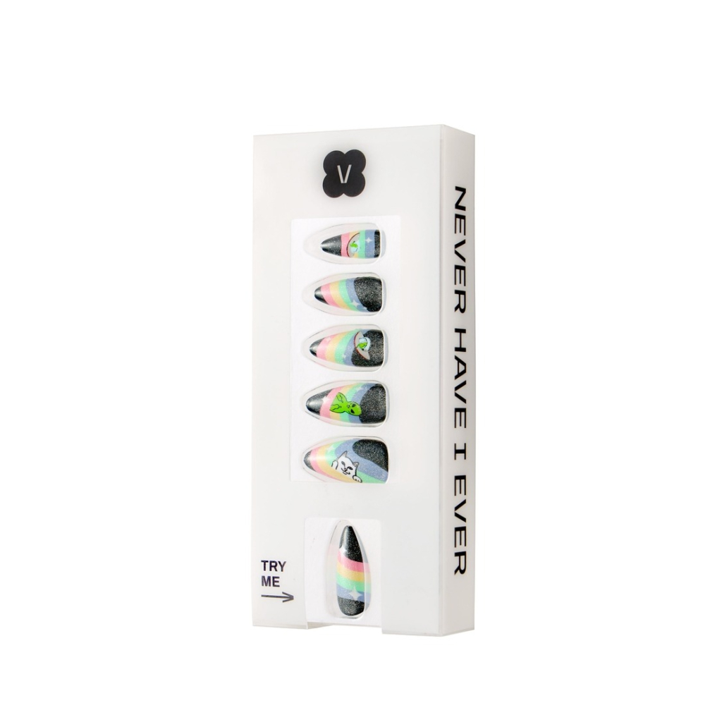 Never Have I Ever - Almond Press-on Nails - Spaced Out (Glitter Aliens, Ripndip Cat & Rainbows)