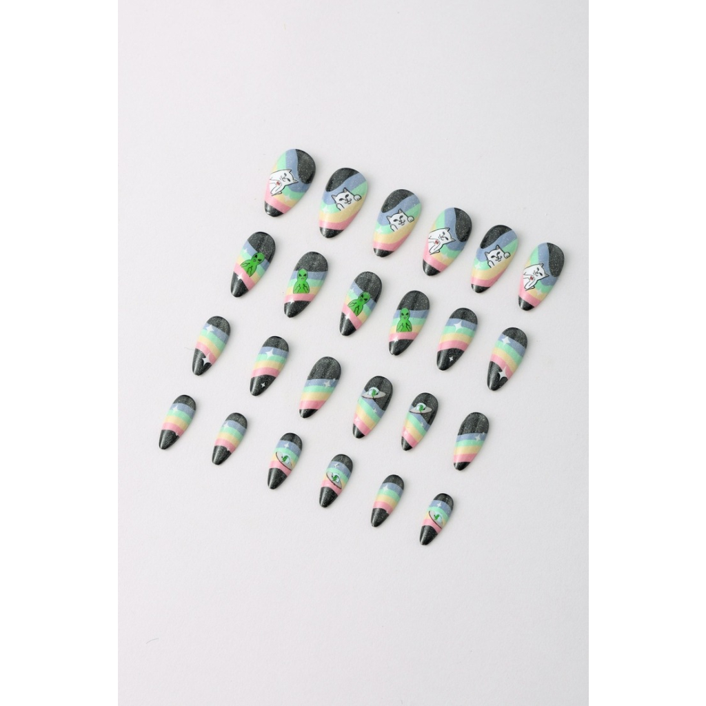 Never Have I Ever - Almond Press-on Nails - Spaced Out (Glitter Aliens, Ripndip Cat & Rainbows)