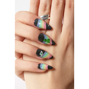 Never Have I Ever - Almond Press-on Nails - Spaced Out (Glitter Aliens, Ripndip Cat & Rainbows)