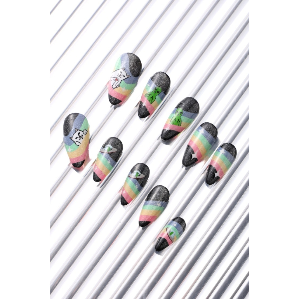 Never Have I Ever - Almond Press-on Nails - Spaced Out (Glitter Aliens, Ripndip Cat & Rainbows)