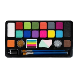 PXP Professional Colours Starter Face Paint Palette (16 x Colours, 1 x Rainbow, & Glitter, Brushes, Stencils etc)